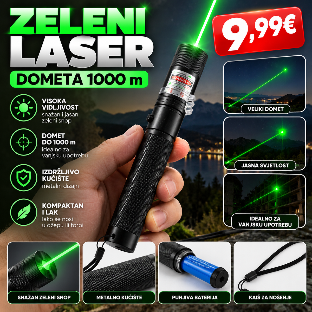 Zeleni laserski pokazivač – Domet do 1000 m, metalno kućište i punjiva baterija