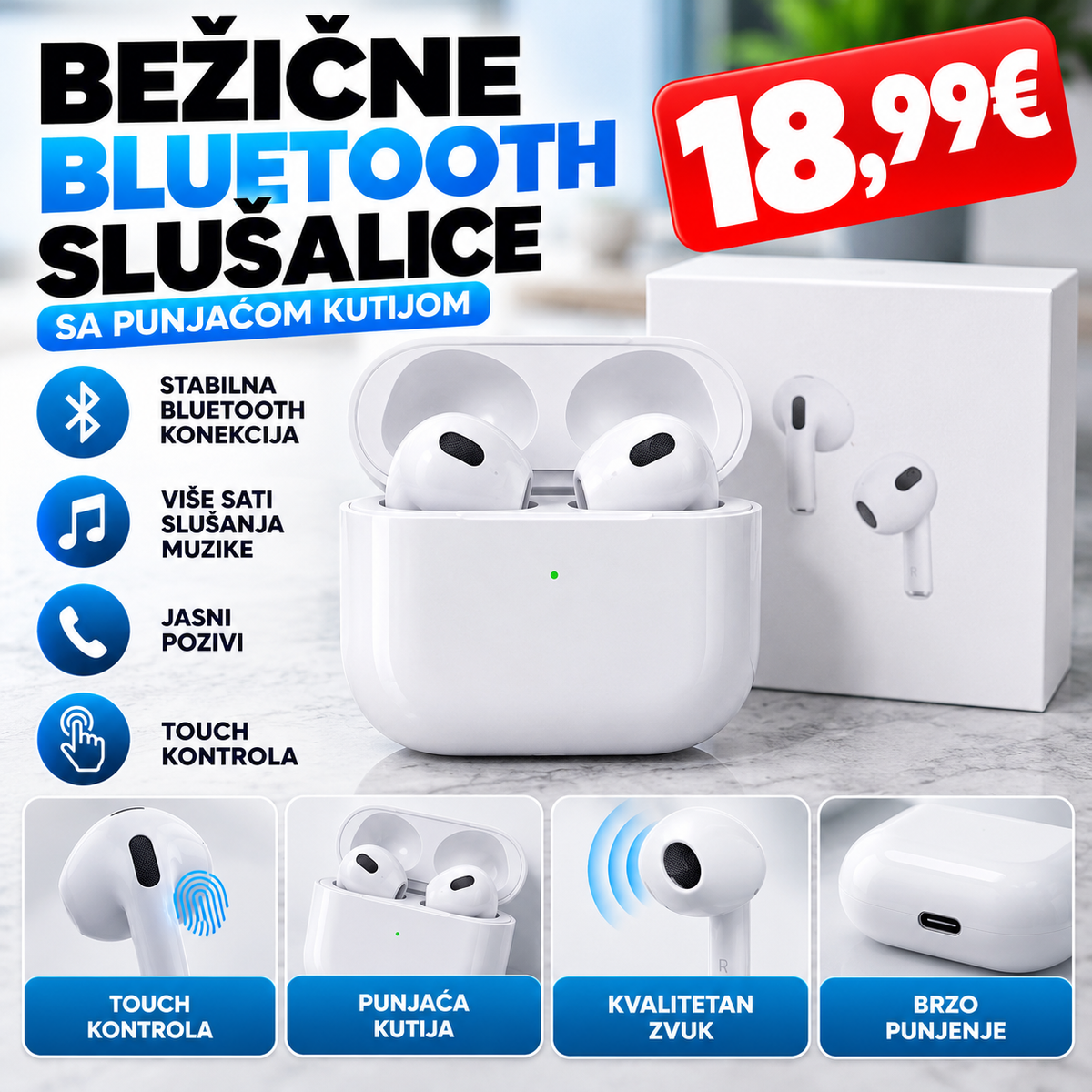 Bežične Bluetooth slušalice sa kutijom za punjenje – Touch kontrola