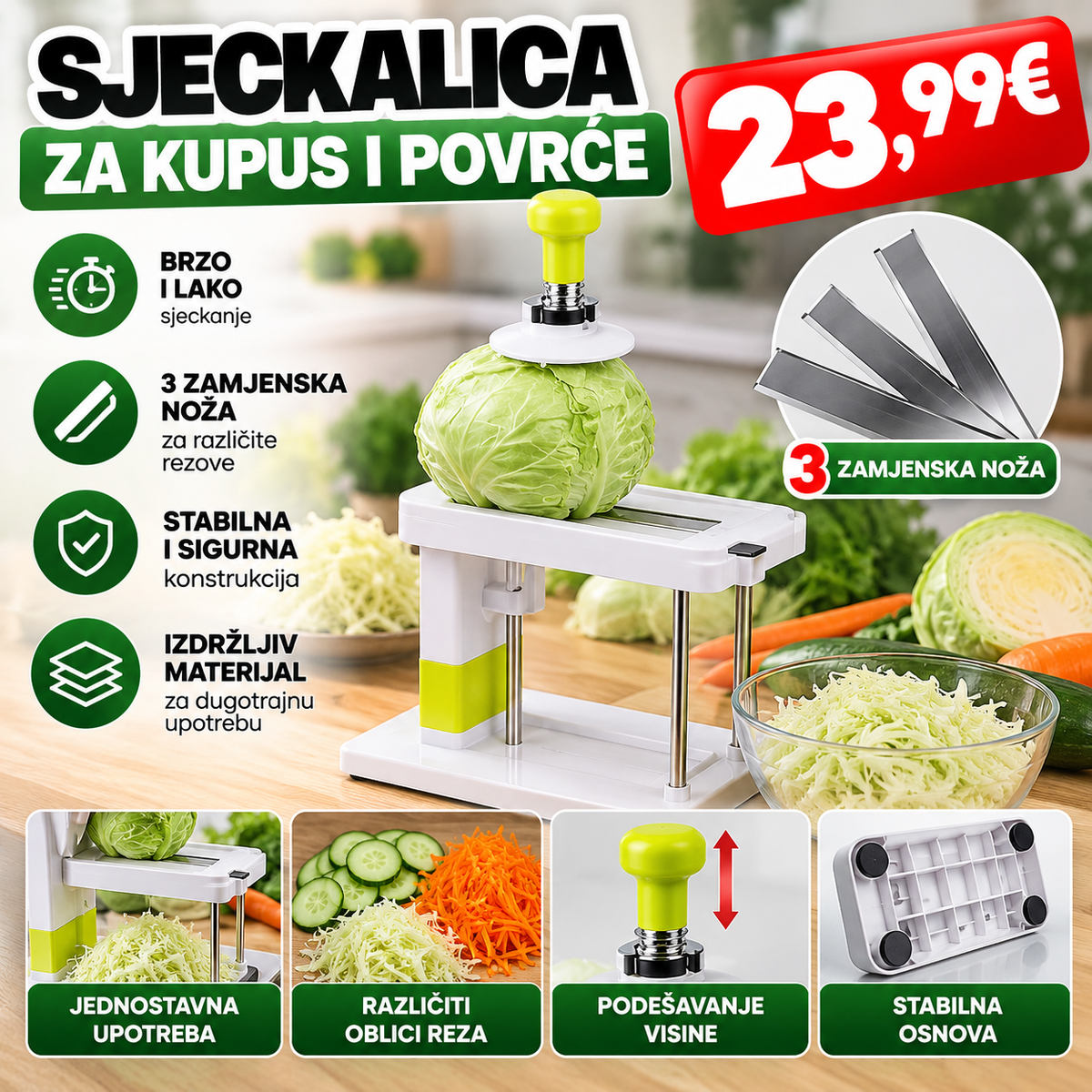 Sjeckalica za kupus i povrće sa 3 zamjenska noža