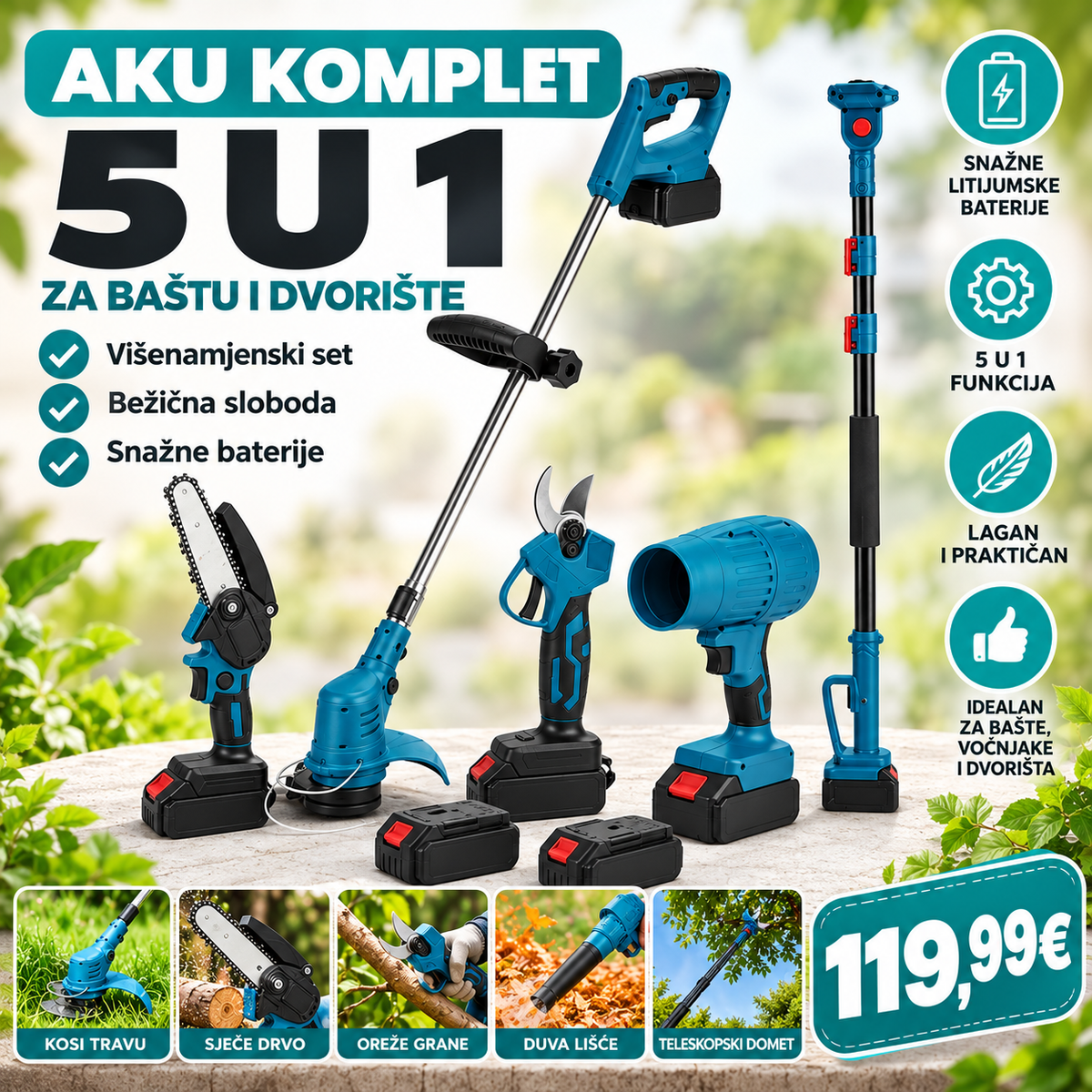 AKU komplet 5 u 1 za baštu i dvorište – Trimer, mini testera, makaze, duvač i teleskopska šipka