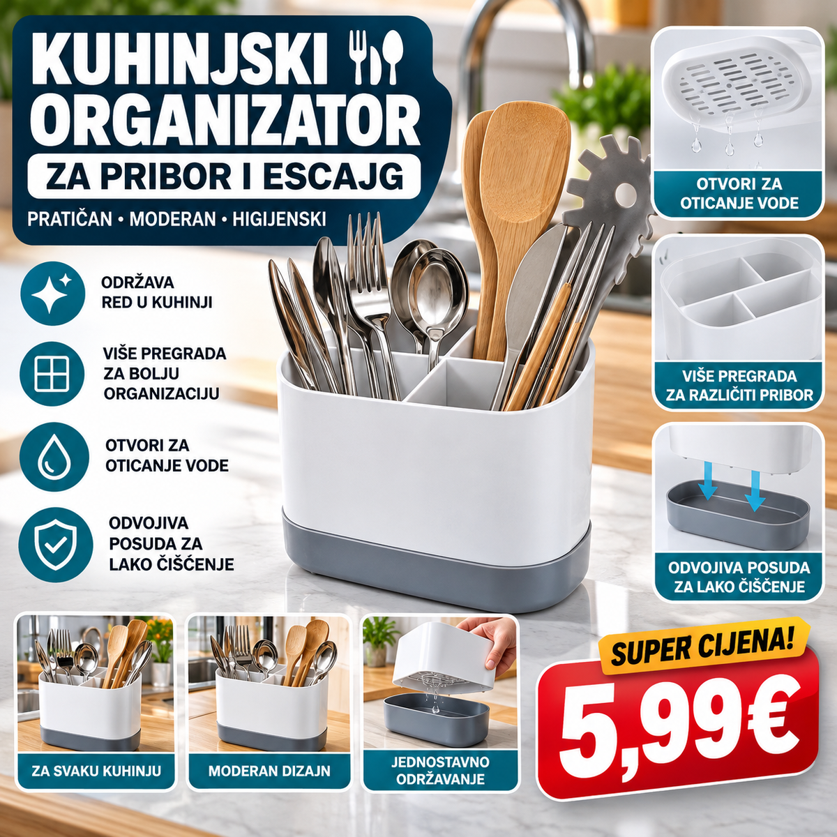 Kuhinjski organizator za escajg i pribor – Više pregrada i posuda za oticanje vode