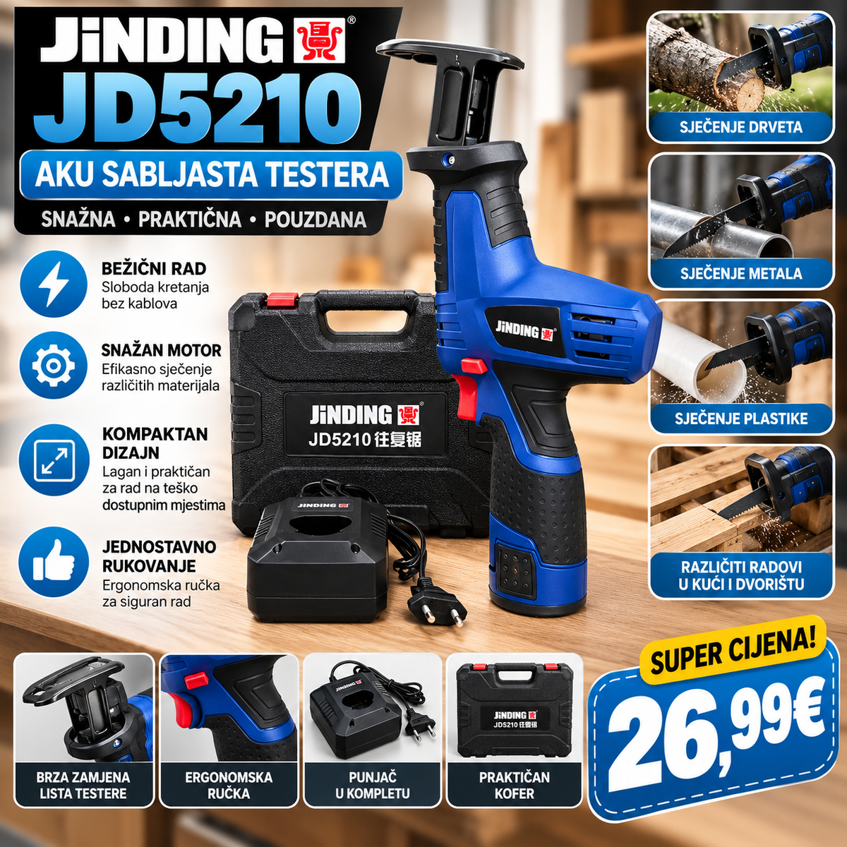 Aku sabljasta testera – Bežična testera za drvo, metal i plastiku sa koferom