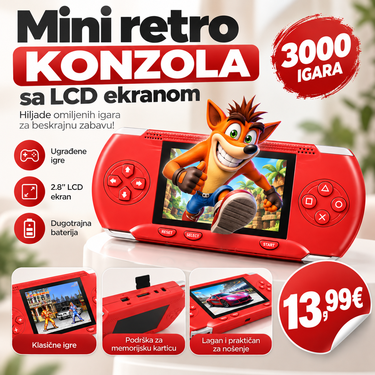 Mini retro konzola sa 3000 igara – LCD ekran 2,8″