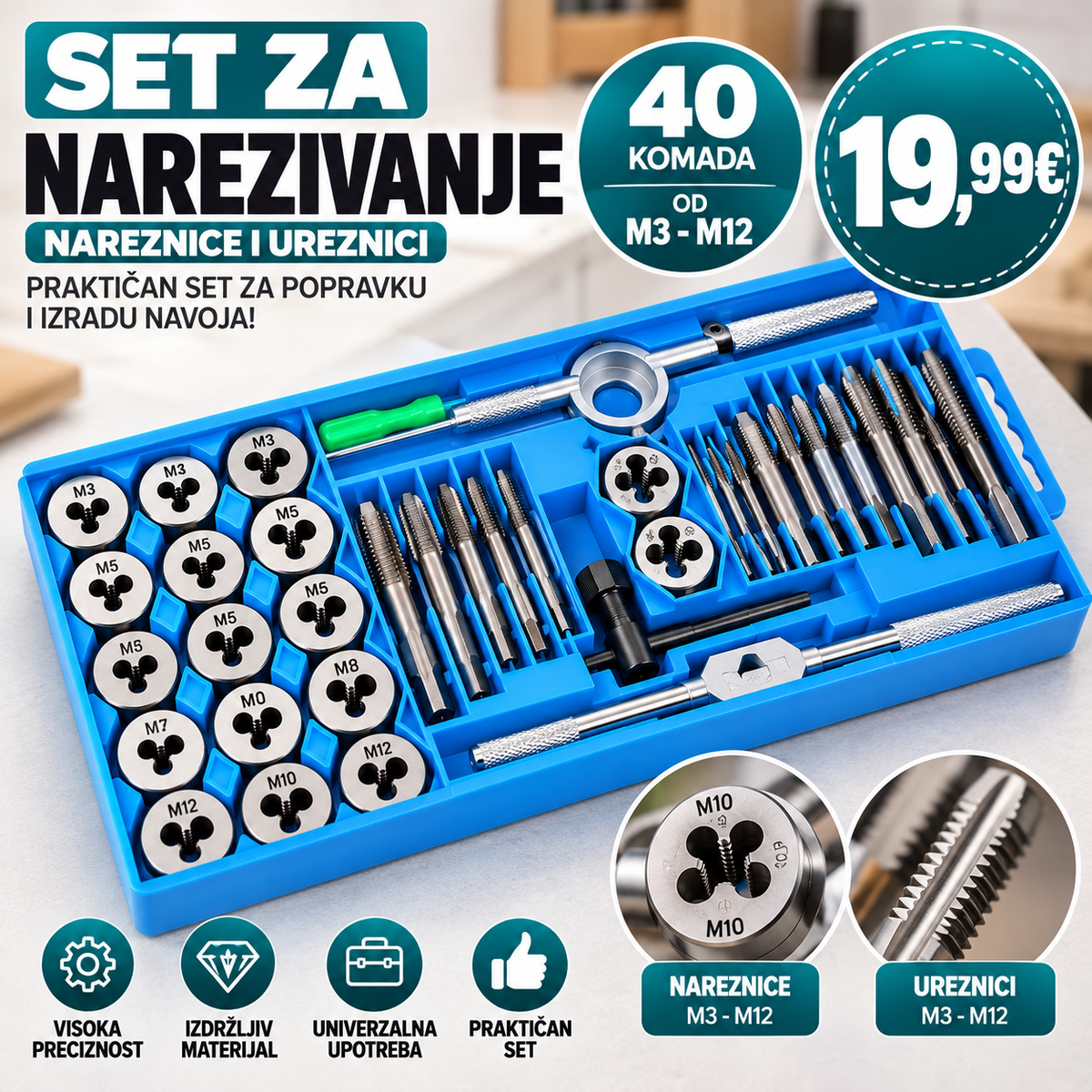 Set nareznica i ureznica M3–M12 – 40 komada za izradu i popravku navoja