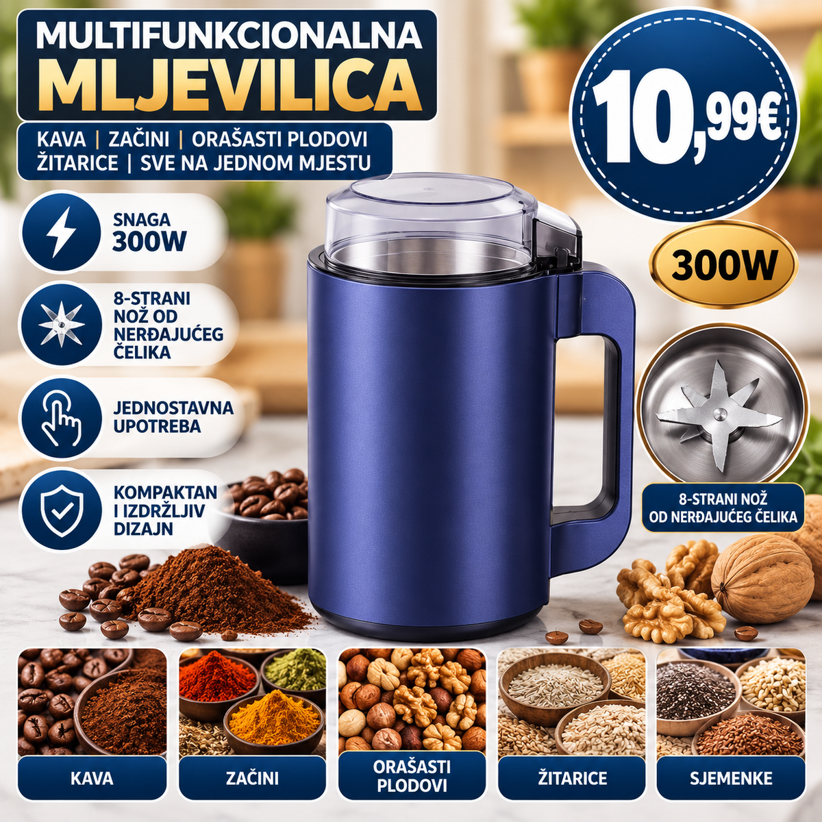 Električna multifunkcionalna mljevilica 300W – Za kafu, začine i orašaste plodove