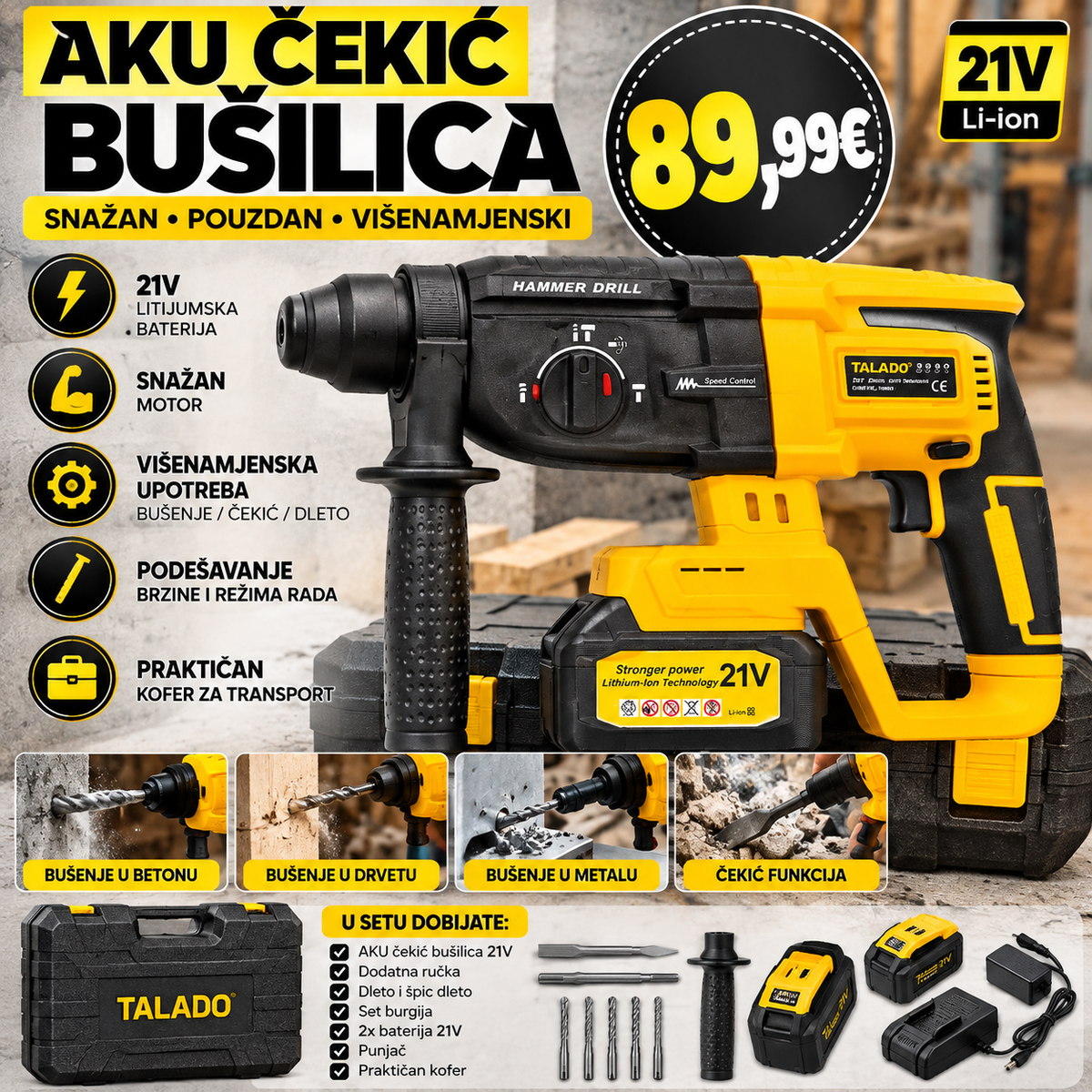 Aku čekić bušilica TALADO 21V – 3 funkcije, 2 baterije, punjač i kofer