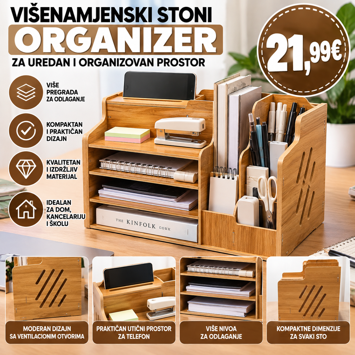 Višenamjenski stoni organizer za dokumenta, knjige i kancelarijski pribor – Drveni dizajn