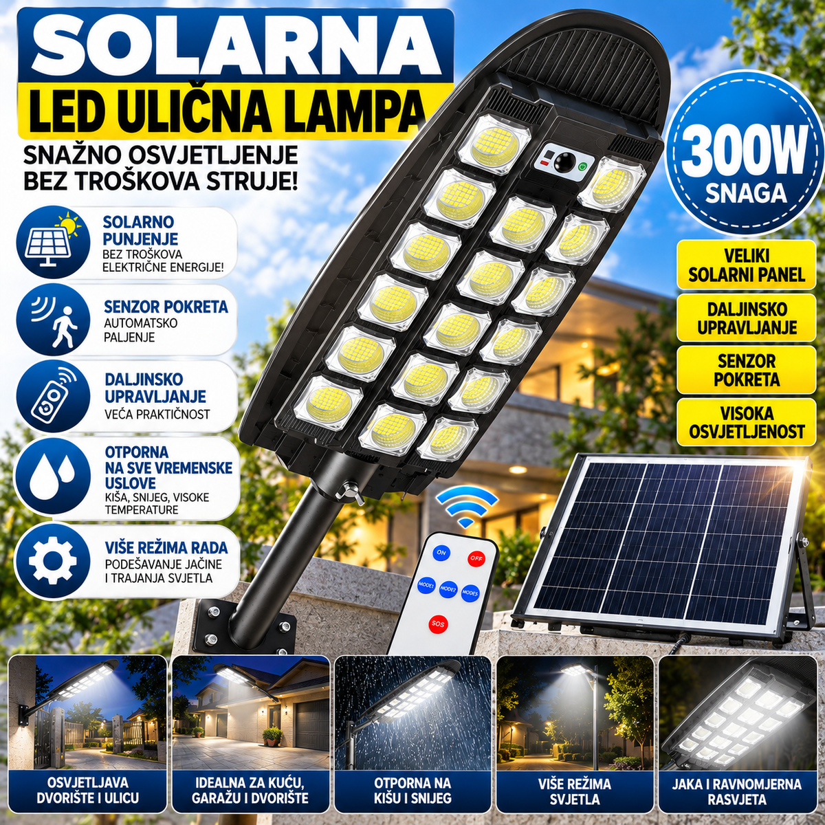 Solarna LED ulična lampa 300W – sa senzorom pokreta i daljinskim upravljačem