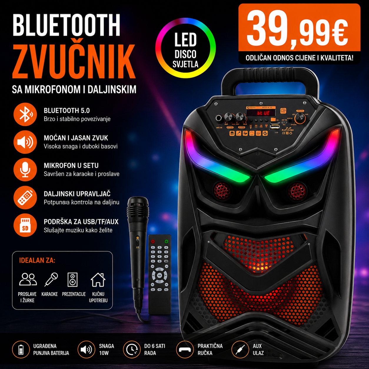 Bluetooth zvučnik sa mikrofonom i daljinskim – Prava zabava gdje god poželite! 🔊🎤