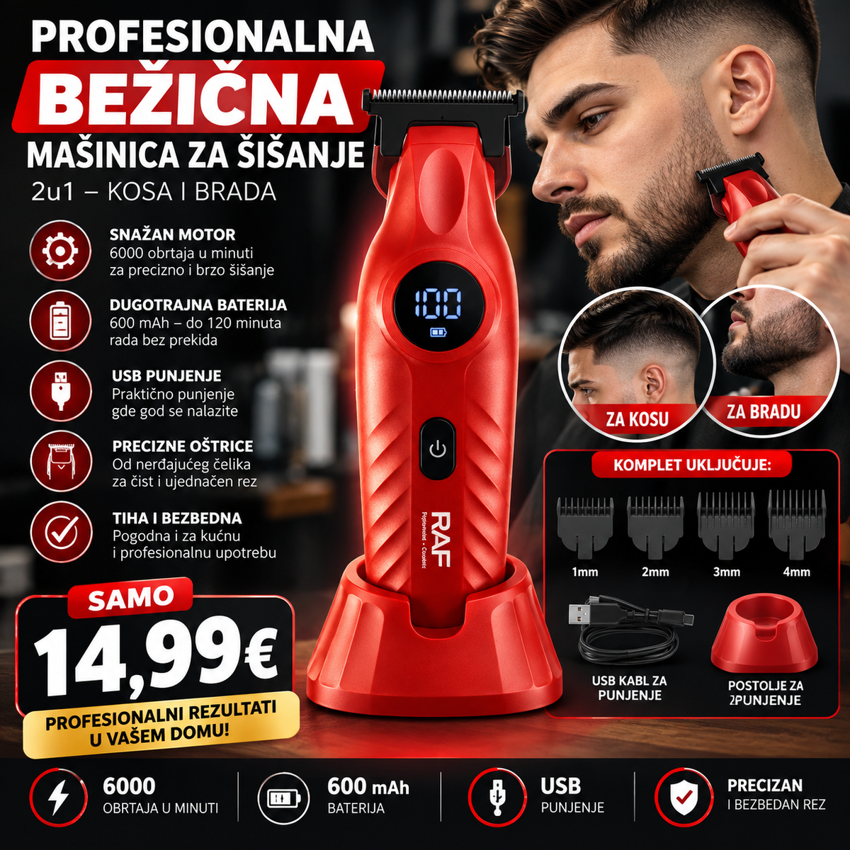 RAF profesionalna bežična mašinica za šišanje – 2u1