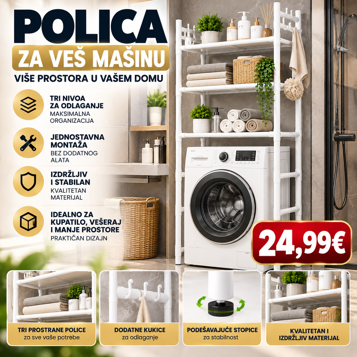 Polica za veš mašinu – 3 nivoa, dodatne kukice