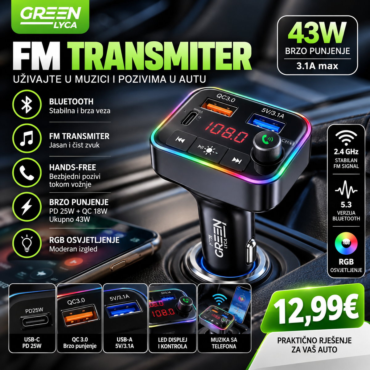 Bluetooth FM Transmiter za Auto – Brzo Punjenje 43W, USB-C, USB i RGB LED