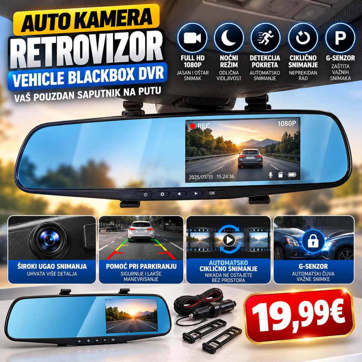 Auto kamera retrovizor – Full HD 1080P, noćno snimanje i pomoć pri parkiranju