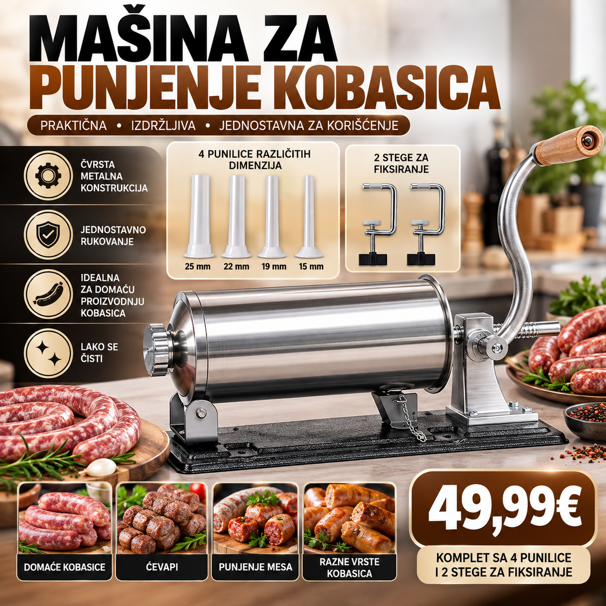 Mašina za punjenje kobasica – Ručna, metalna, sa 4 nastavka