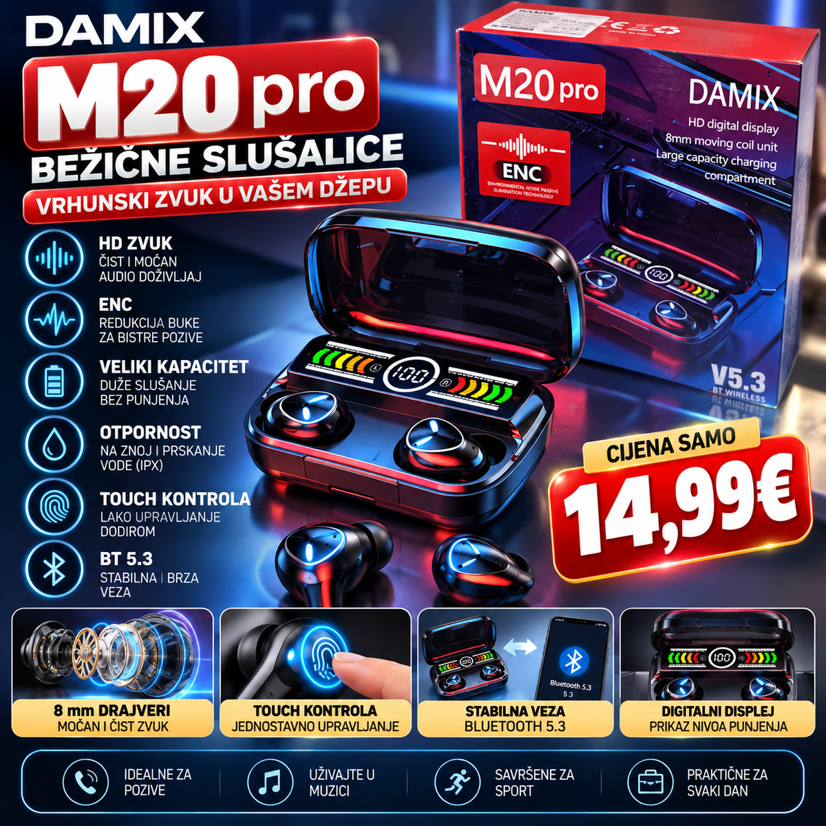 DAMIX M20 Pro bežične Bluetooth slušalice 5.3 sa ENC tehnologijom i digitalnim displejem