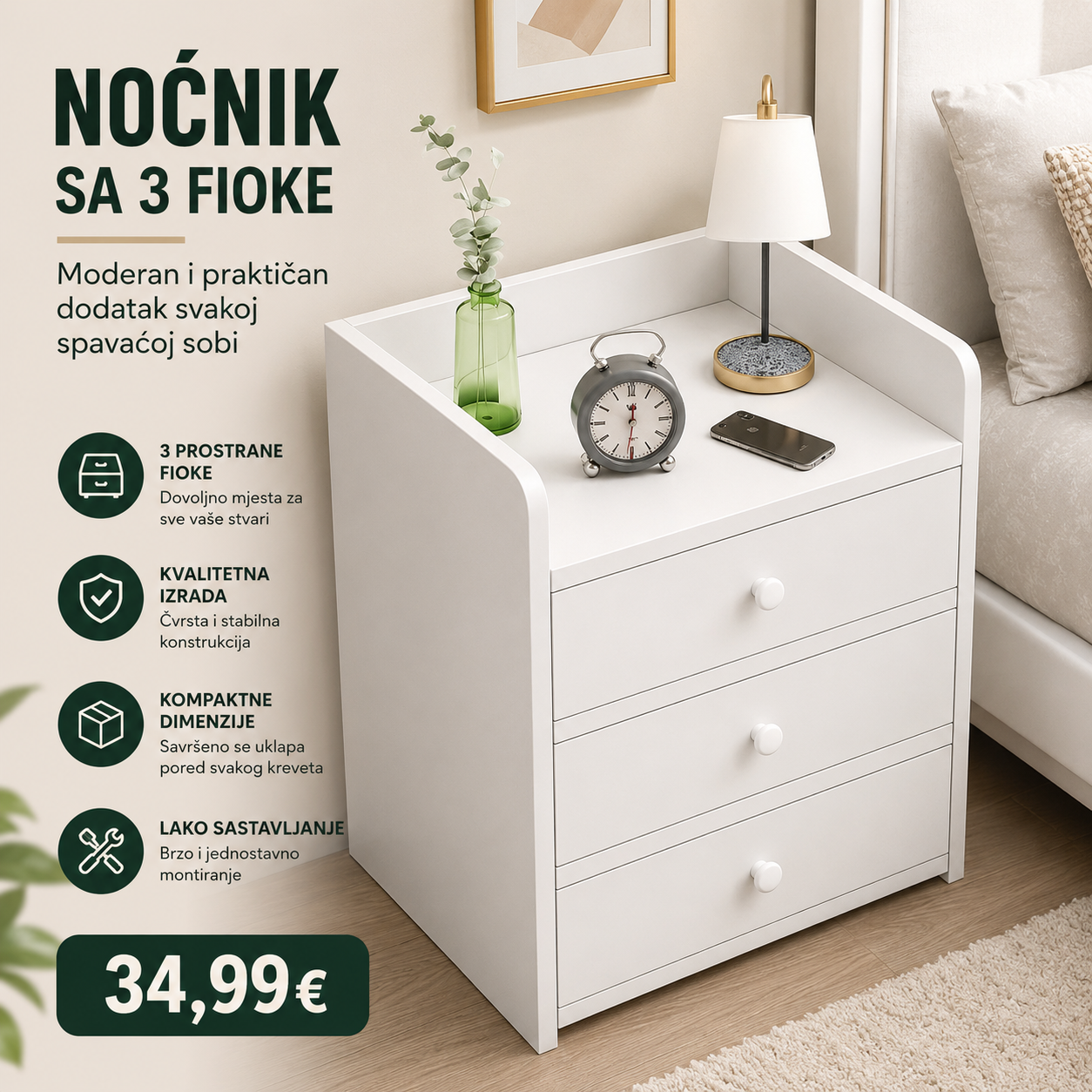 Noćnik sa 3 fioke – Moderan i praktičan dodatak svakoj spavaćoj sobi
