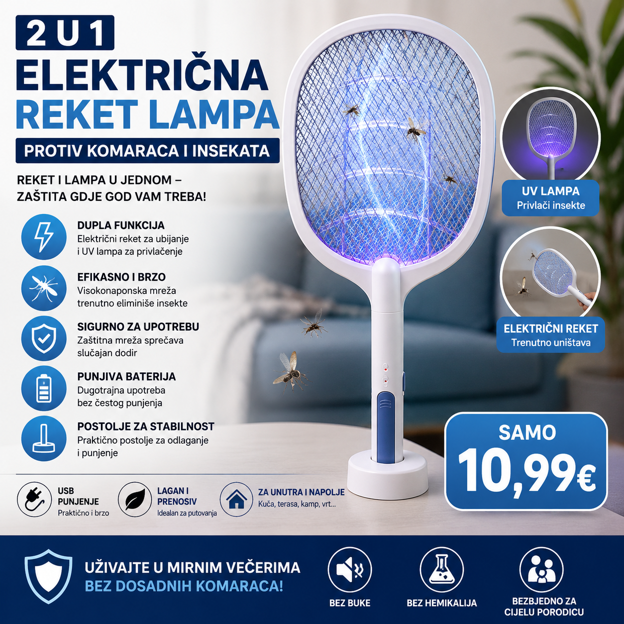 2U1 ELEKTRIČNA REKET LAMPA PROTIV KOMARACA I INSEKATA