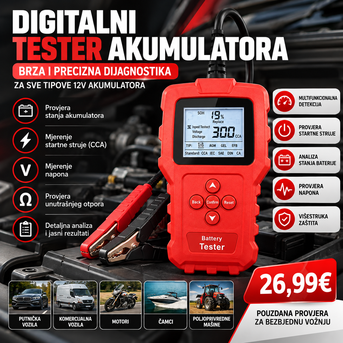 Digitalni tester akumulatora 12V – Mjerenje napona, startne struje i stanja baterije