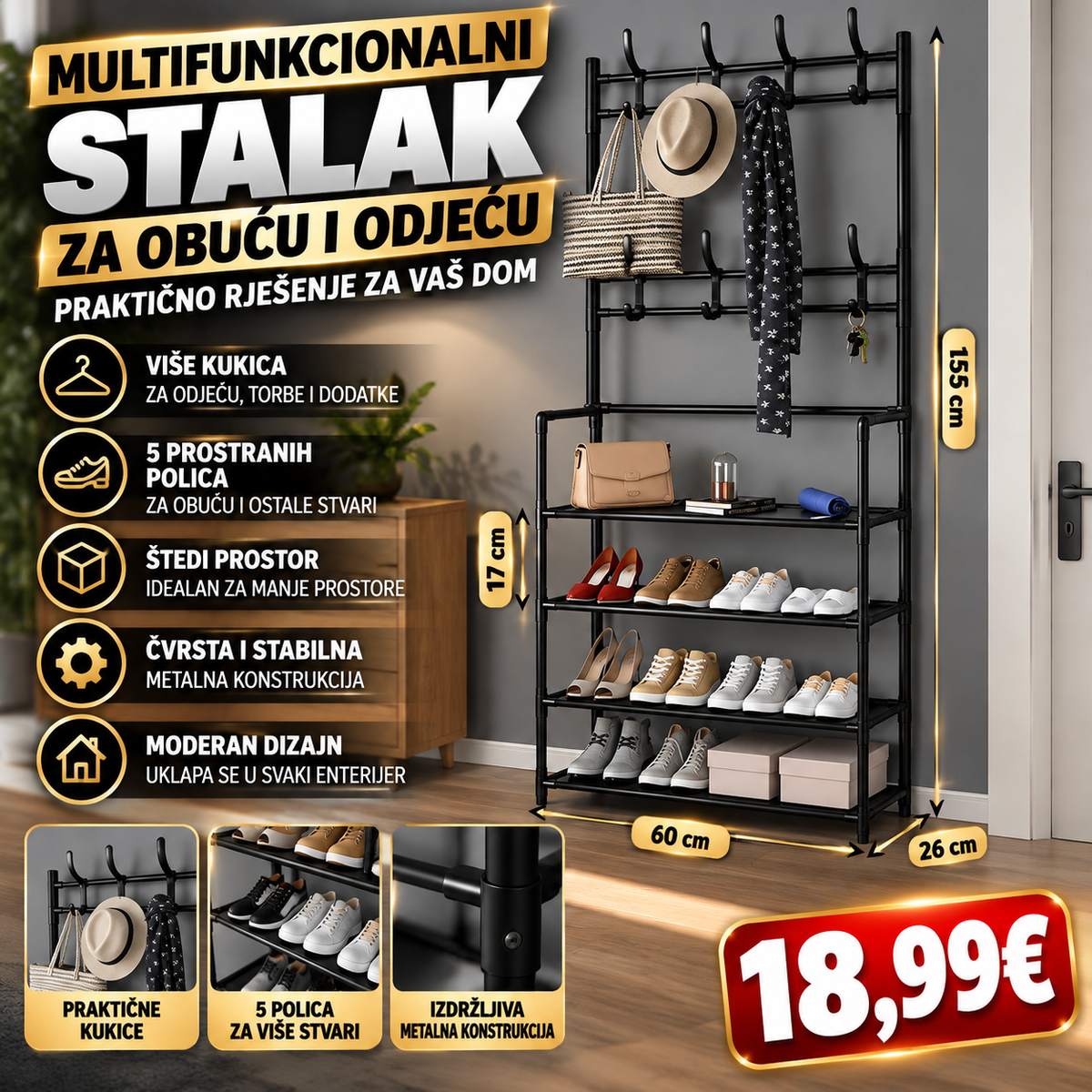 Multifunkcionalni stalak za obuću i odjeću sa 4 polica i kukicama
