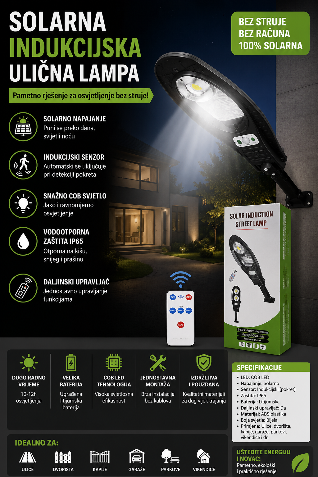 SOLARNA ULIČNA LED LAMPA – SA DALJINSKIM UPRAVLJAČEM