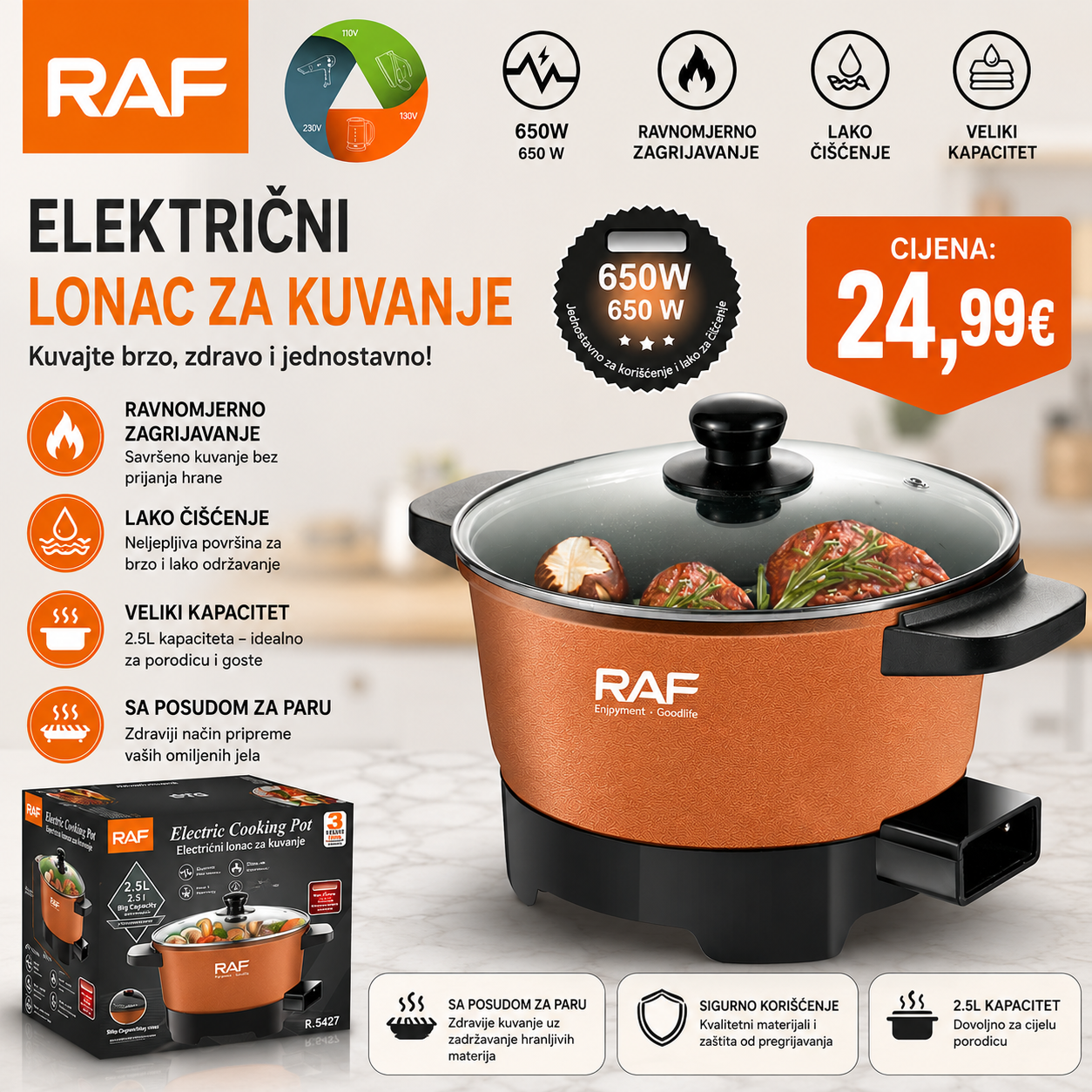 RAF Električni Lonac za Kuvanje 2.5L – 650W | Neprijanjajući Premaz | Posuda za Kuvanje na Pari