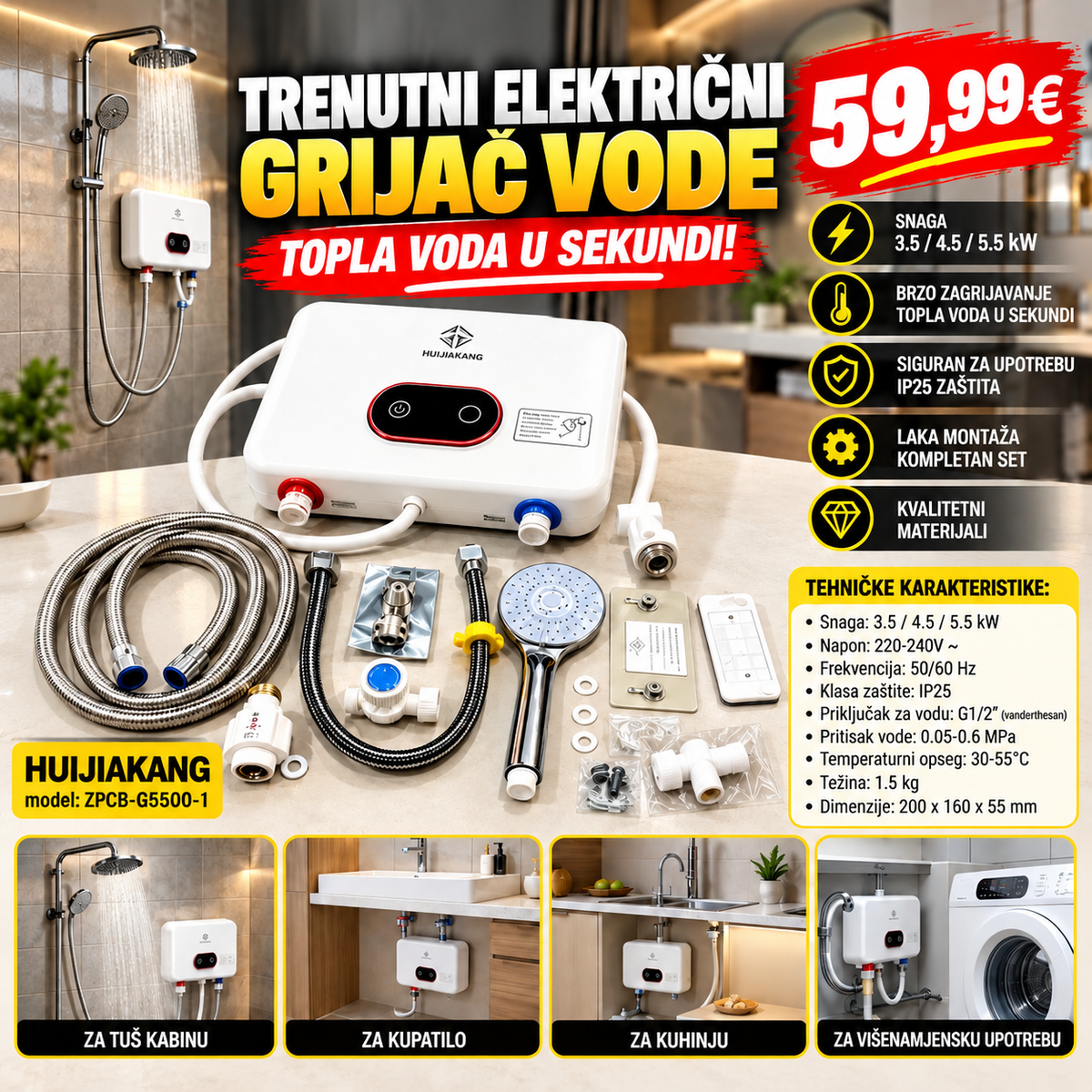 Protočni električni bojler – Trenutni grijač vode 5500W sa tušem