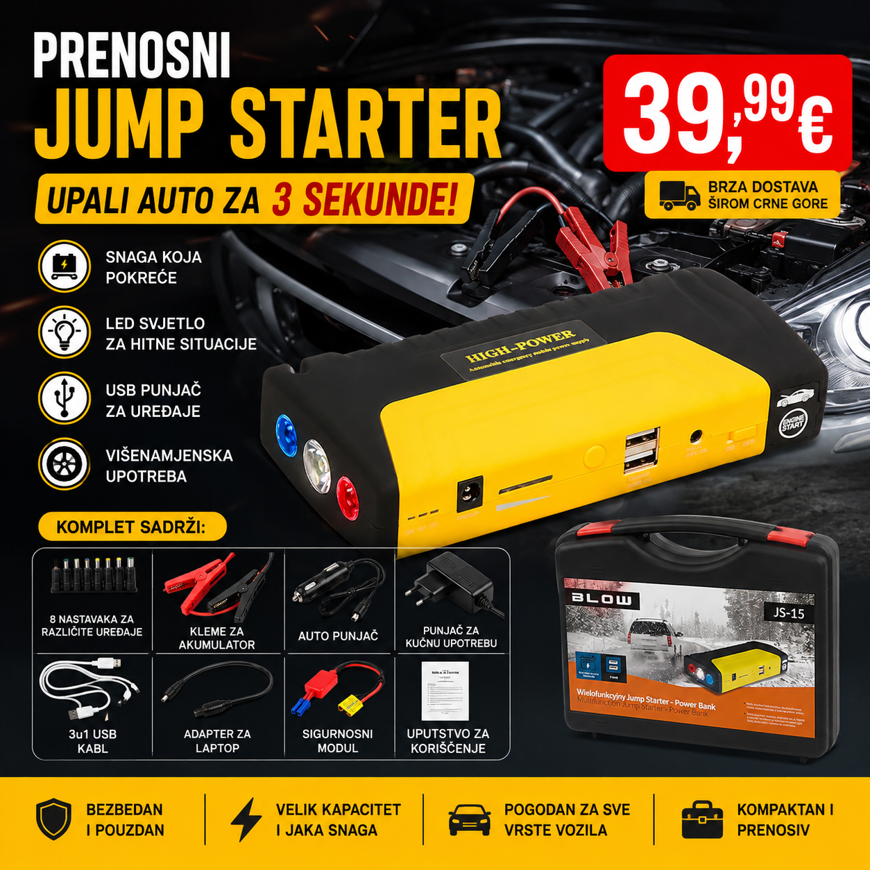 Prenosni Jump Starter – Upali auto za 3 sekunde!