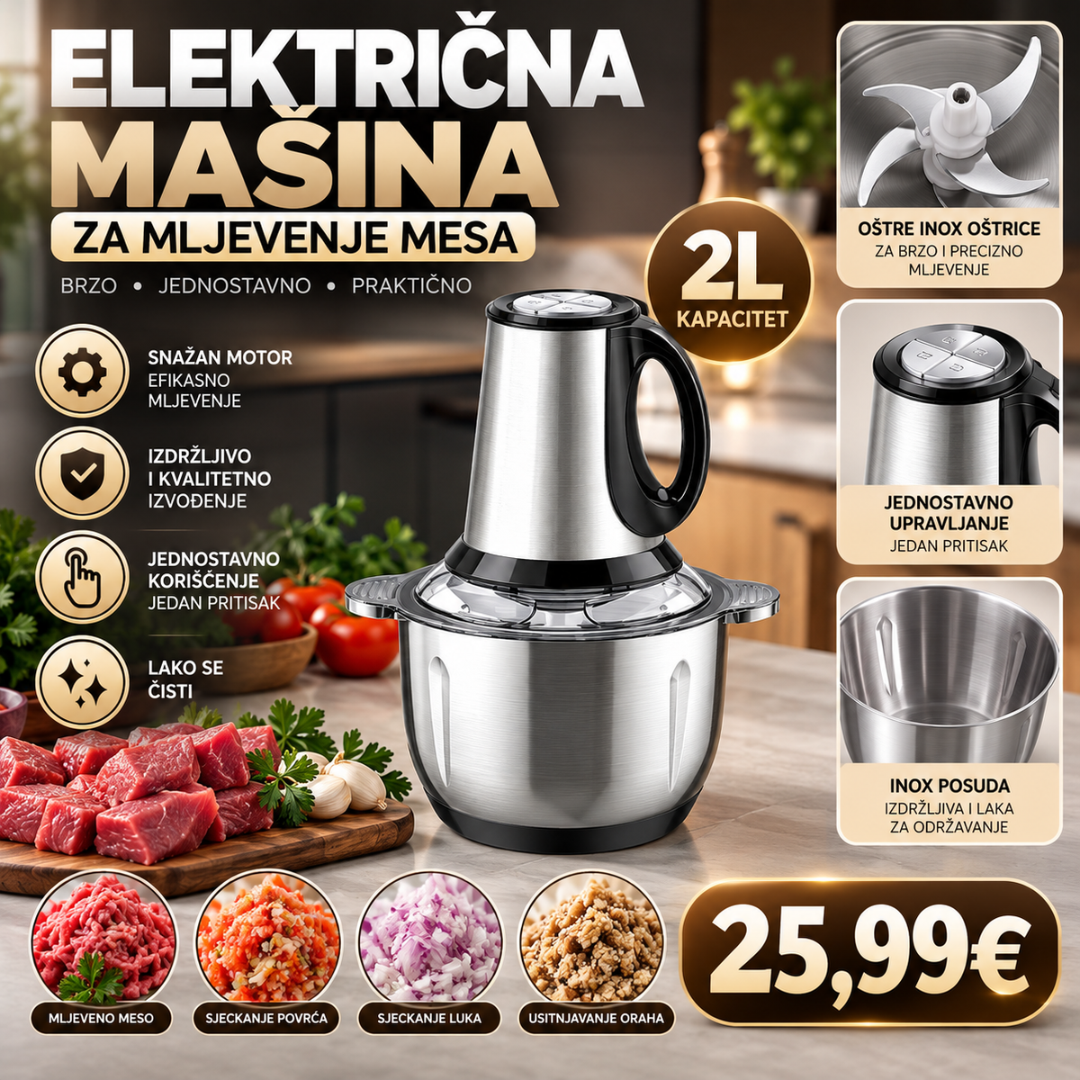 Električna sjeckalica za meso i povrće – 2L