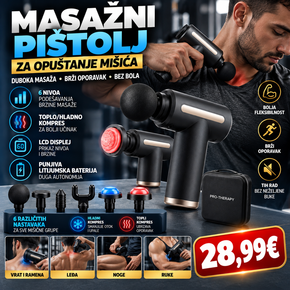 Masažni pištolj toplo hladno za opuštanje mišića – 6 nastavaka, LCD disple