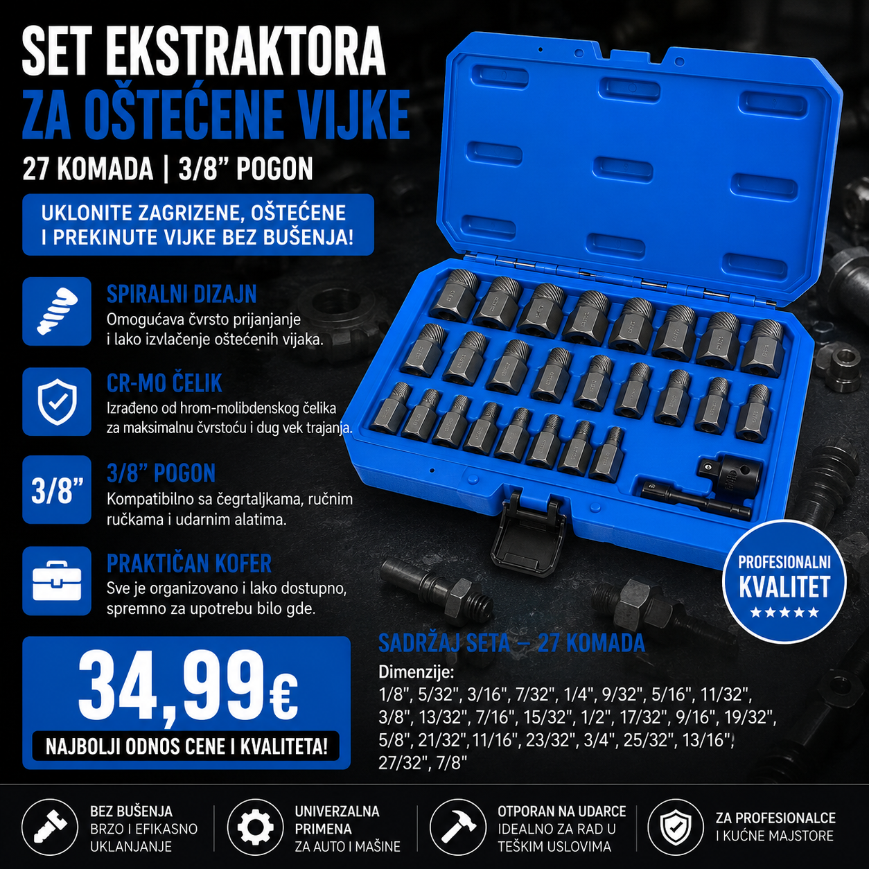 Set ekstraktora za oštećene vijke 27/1 – 3/8" pogon