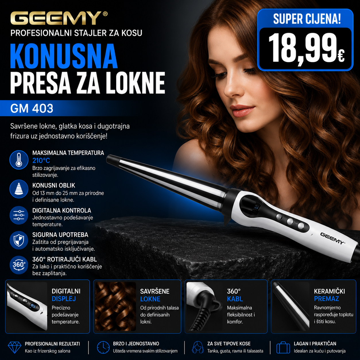 GEEMY GM-403 Konusna presa za lokne – Digitalni stajler za kosu do 210°C