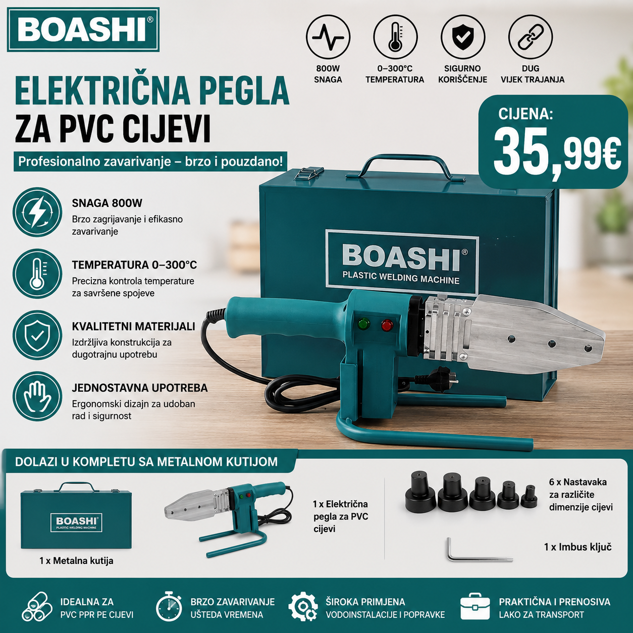 BOASHI Električna Pegla za PVC Cijevi 800W – Profesionalni Set sa Metalnom Kutijom