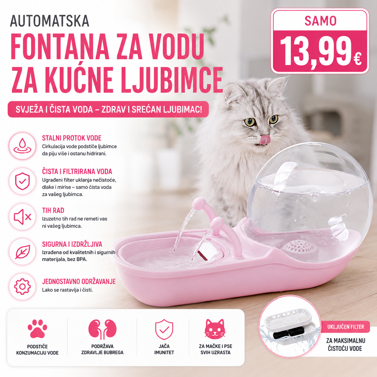 Automatska fontana za vodu za mačke i pse sa filterom
