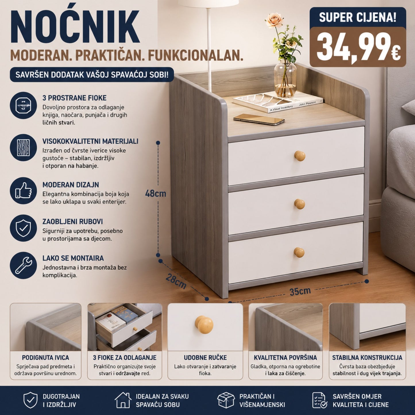 Noćnik sa 3 fioke – Moderan i praktičan dodatak svakoj spavaćoj sobi