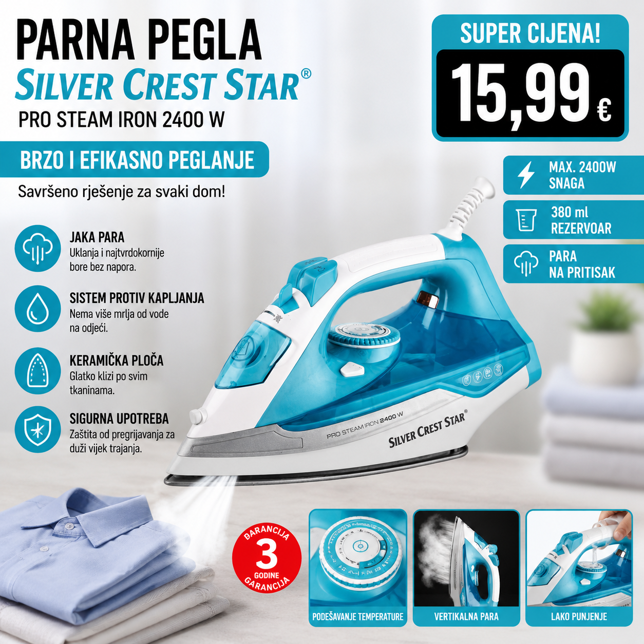Parna pegla Silver Crest Star 2400W – snažna para i keramička ploča
