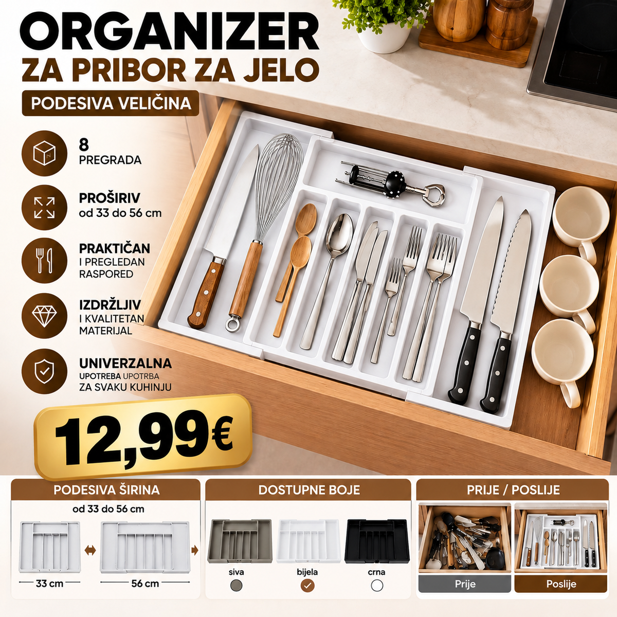 ORGANIZER ZA PRIBOR ZA JELO – PODESIVA ŠIRINA 33–56 CM