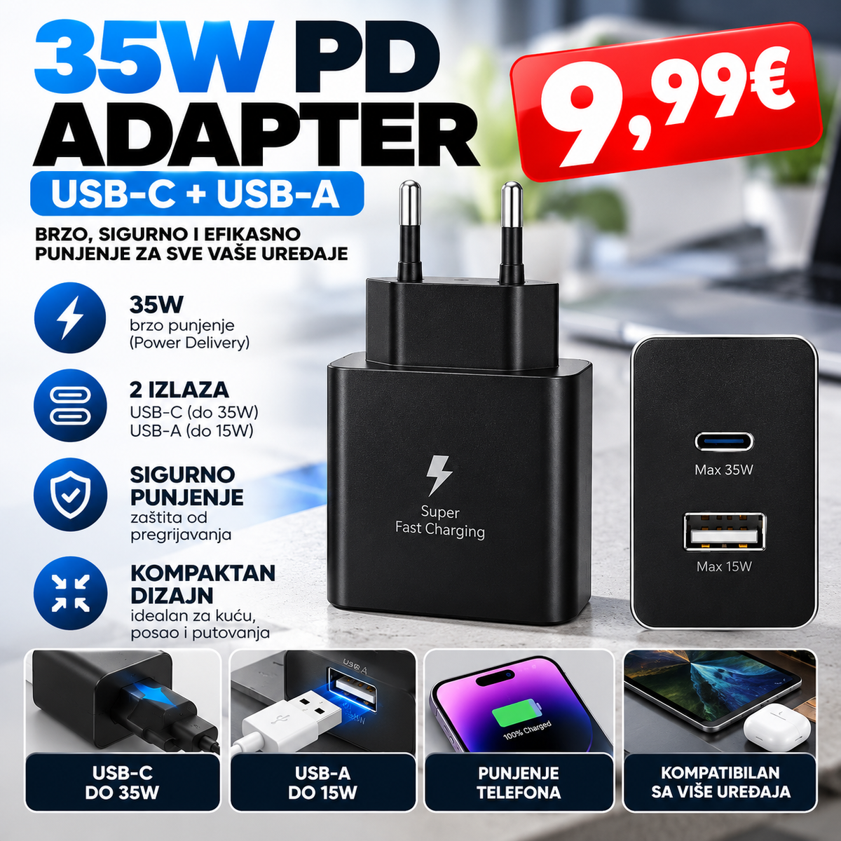 Brzi punjač 35W PD – USB-C + USB-A adapter za telefon i tablet