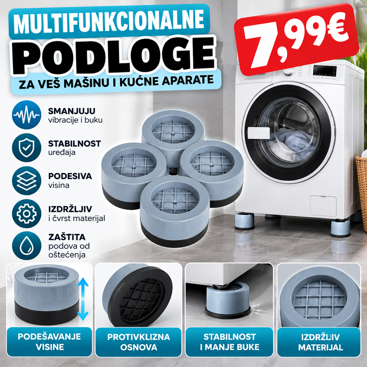Antivibracione podloge za veš mašinu – Set 4 komada, podesiva visina
