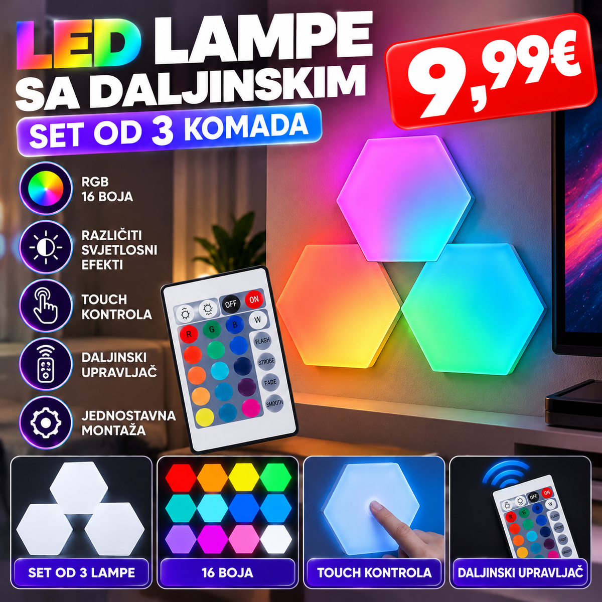 RGB LED zidne lampe – Set od 3 komada sa daljinskim upravljačem, 16 boja