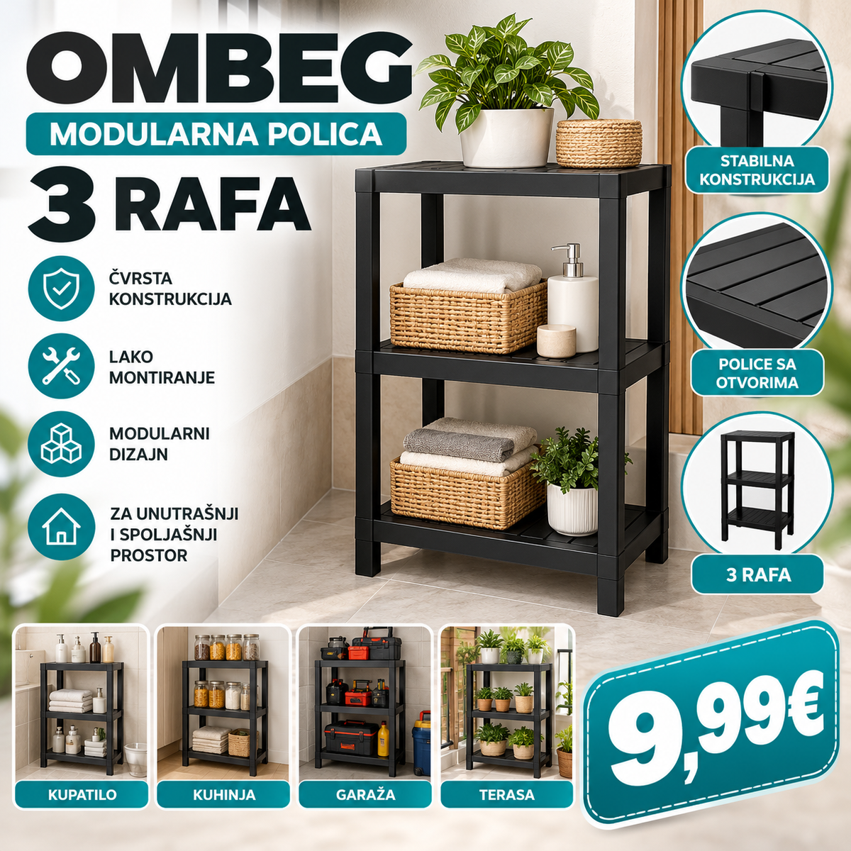 Modularna polica sa 3 nivoa – Crna