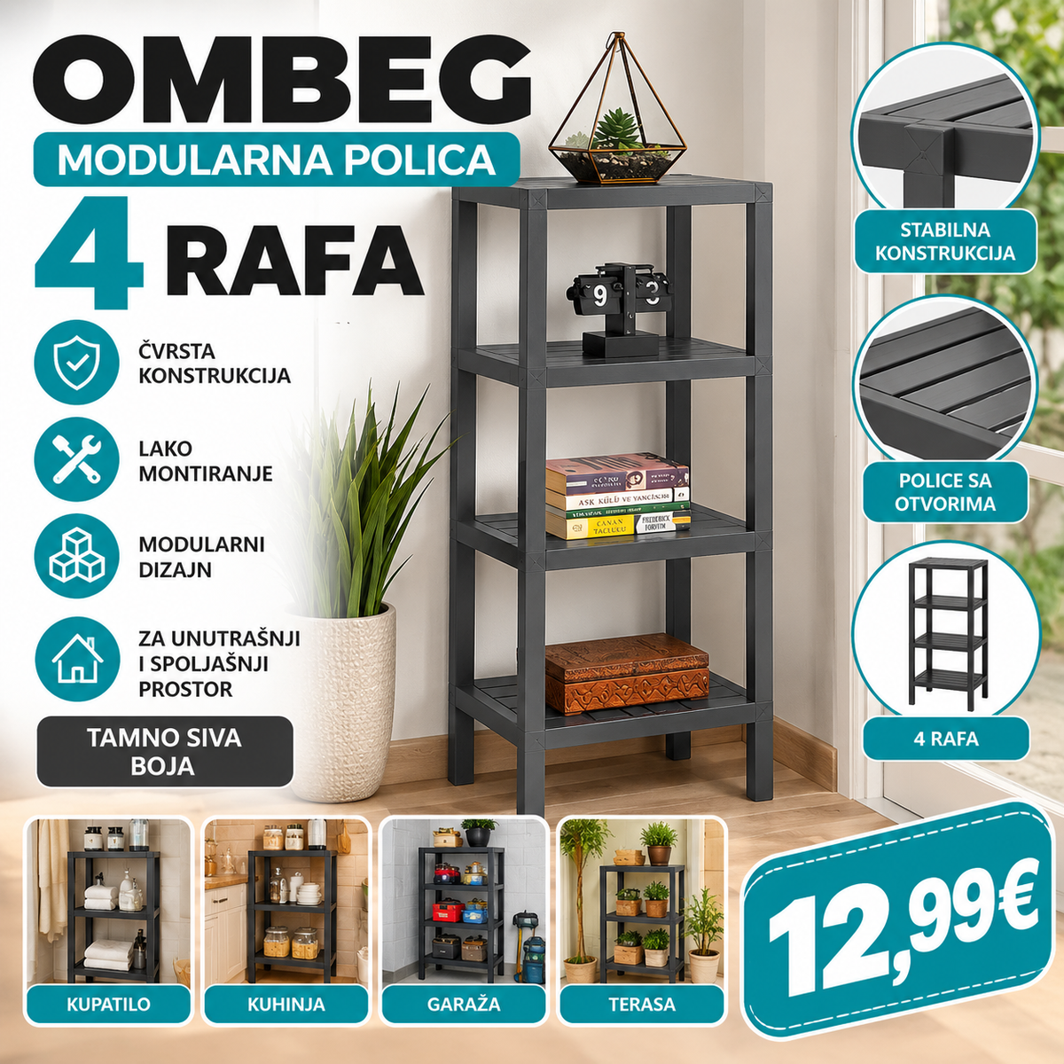 Modularna polica sa 4 nivoa – Tamno siva