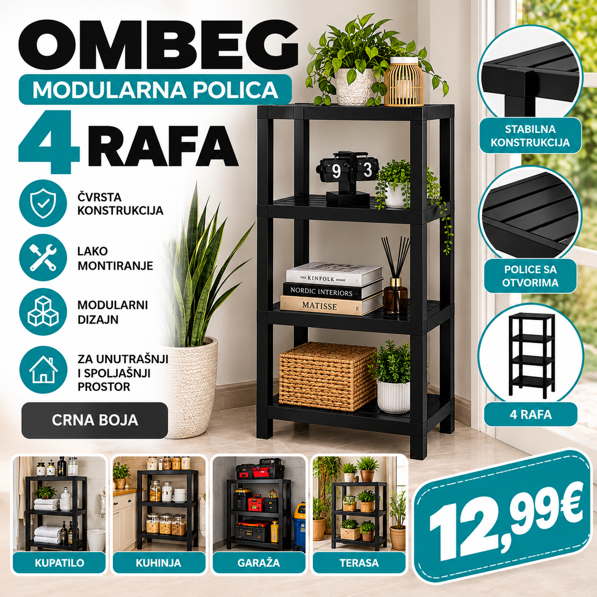Modularna polica sa 4 nivoa – Tamno siva