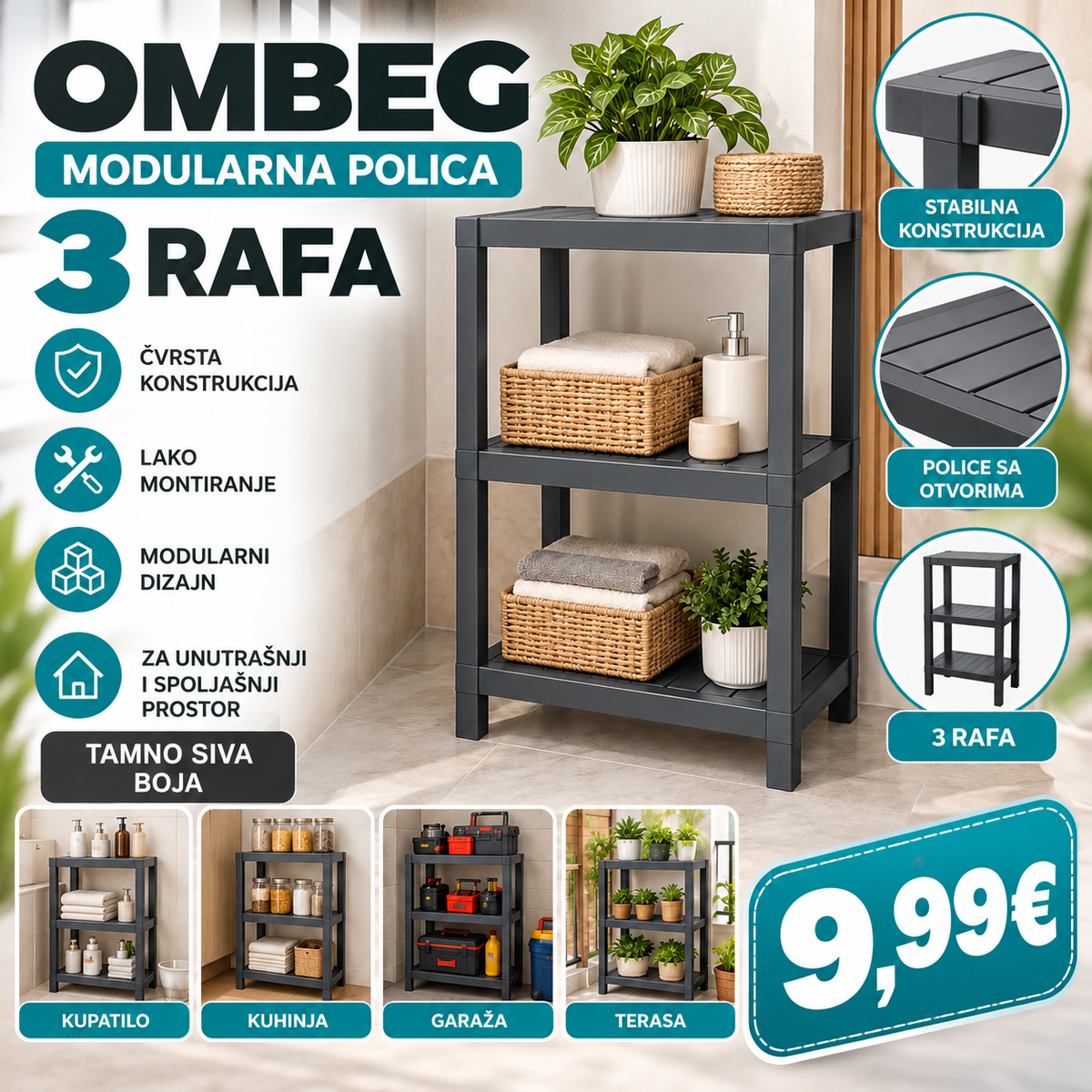 Modularna polica sa 3 nivoa – Crna