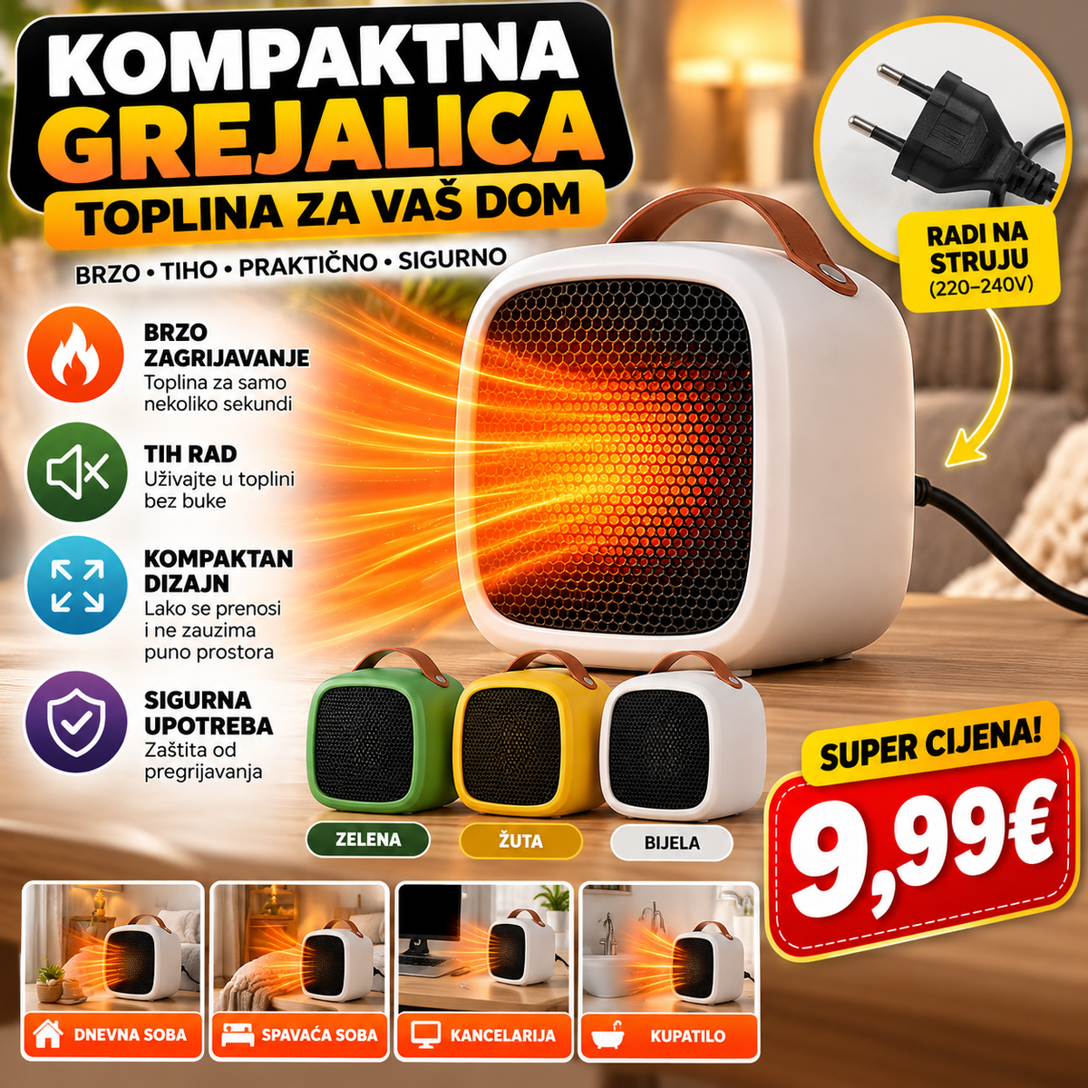 Mini električna grijalica 220–240V – Kompaktna, prenosiva, 3 boje