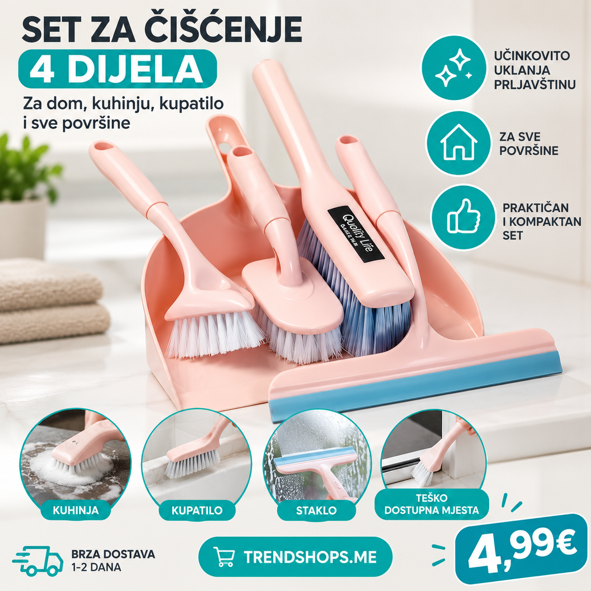 Multifunkcionalni set za čišćenje 4 dijela – Četke, brisač i lopatica