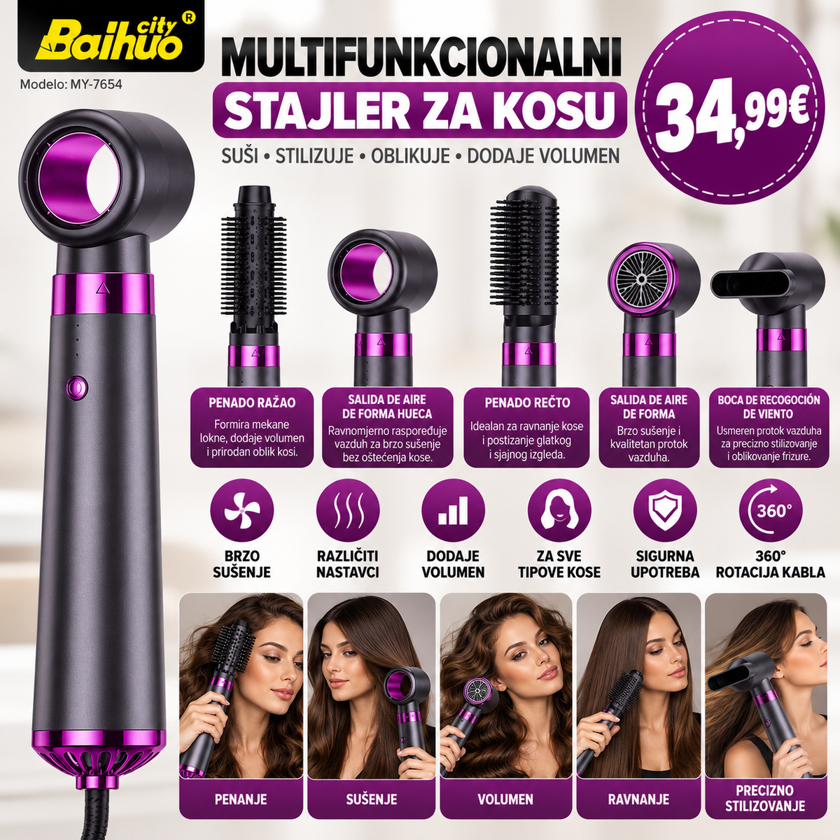 Multifunkcionalni stajler za kosu  – Sušenje, uvijanje, ravnanje i volumen