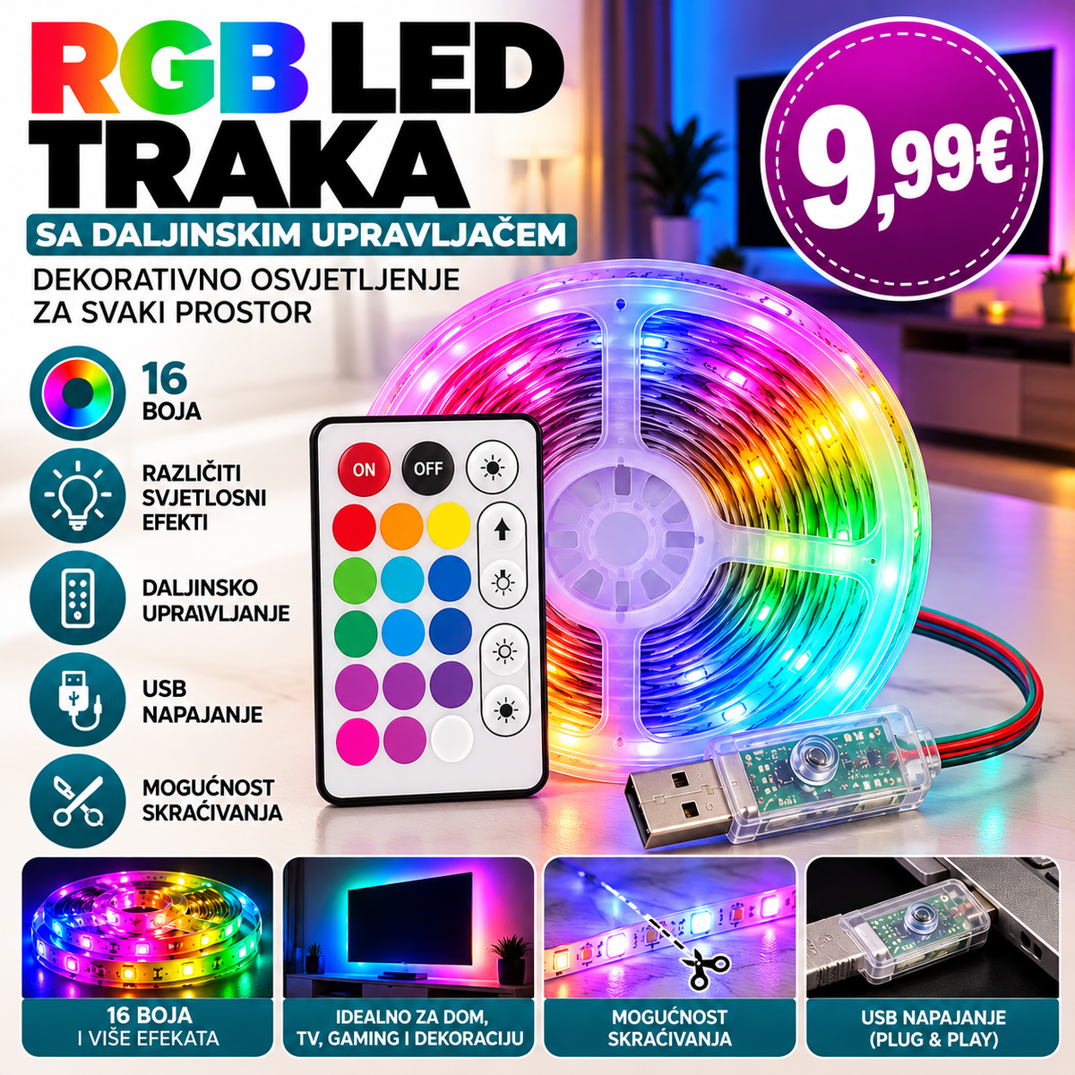 RGB LED traka 10 metara – 16 boja, daljinski upravljač i USB napajanje