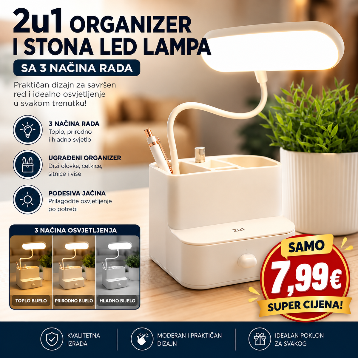2u1 Organizator i LED Stona Lampa sa 3 Načina Osvjetljenja