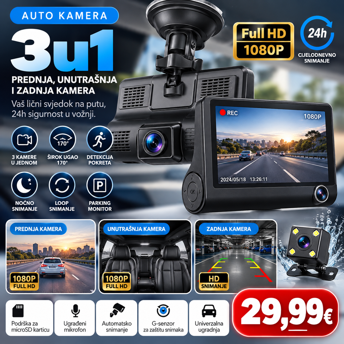 Auto kamera 3u1 unutrasnja i zadnja