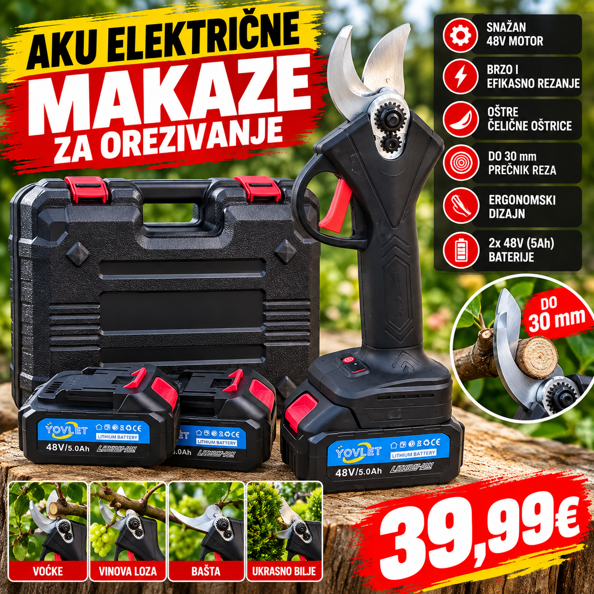 Aku električne makaze za orezivanje sa dvije 48V (5Ah)